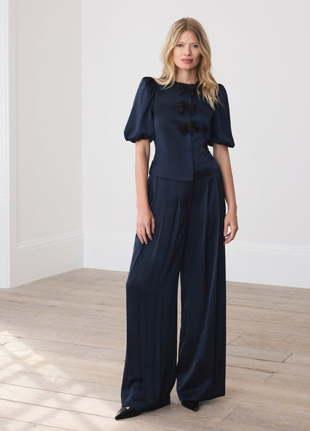 Navy Satin Pleat Detail Trousers