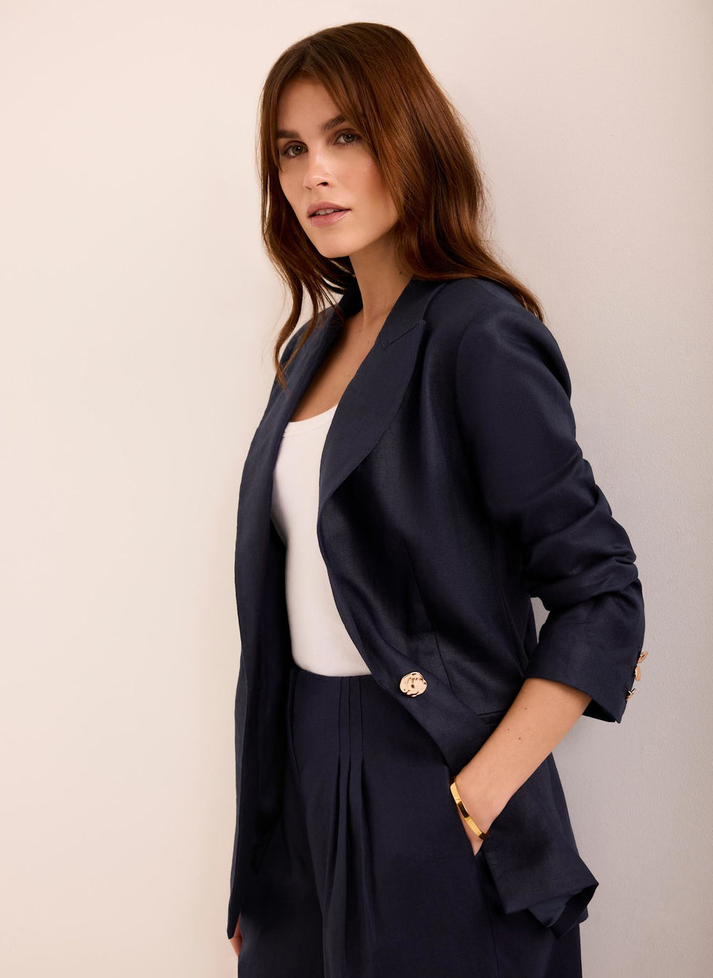 Navy Ramie Single Breasted Blazer