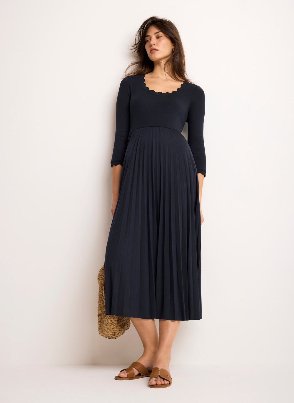 Navy Scallop Jersey Mix Midi Dress