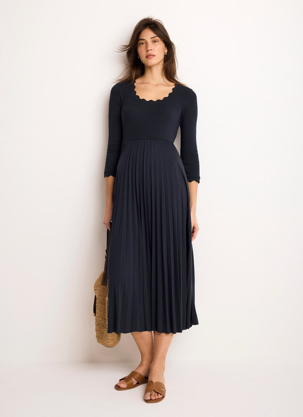 Navy Scallop Jersey Mix Midi Dress