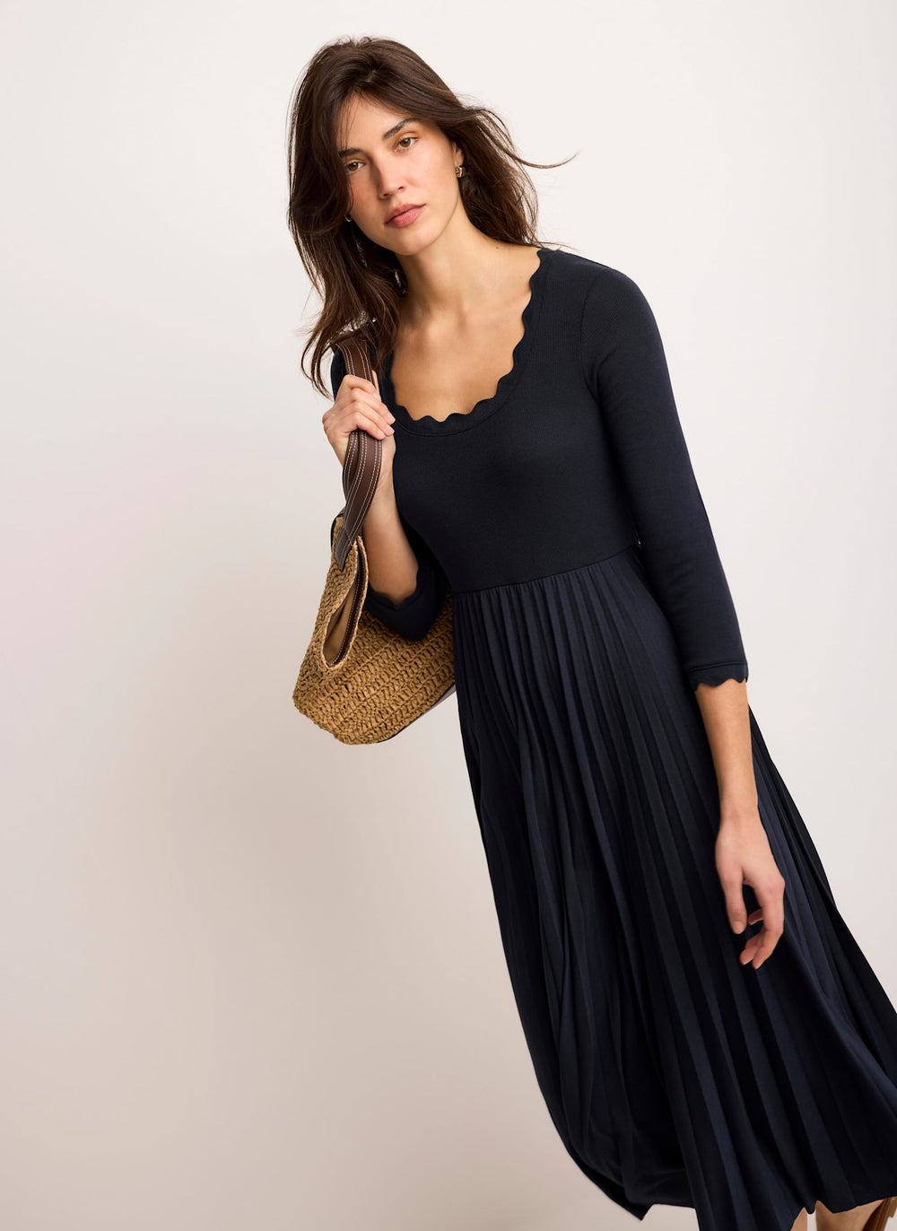 Navy Scallop Jersey Mix Midi Dress