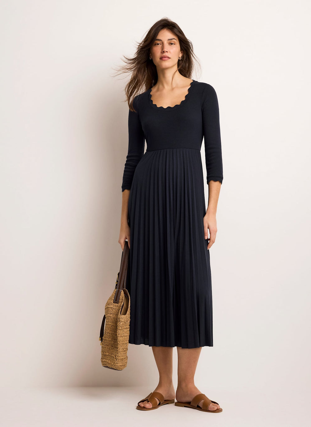 Navy Scallop Jersey Mix Midi Dress Mint Velvet Navy Scallop Jersey Mix Midi Dress Mint Velvet
