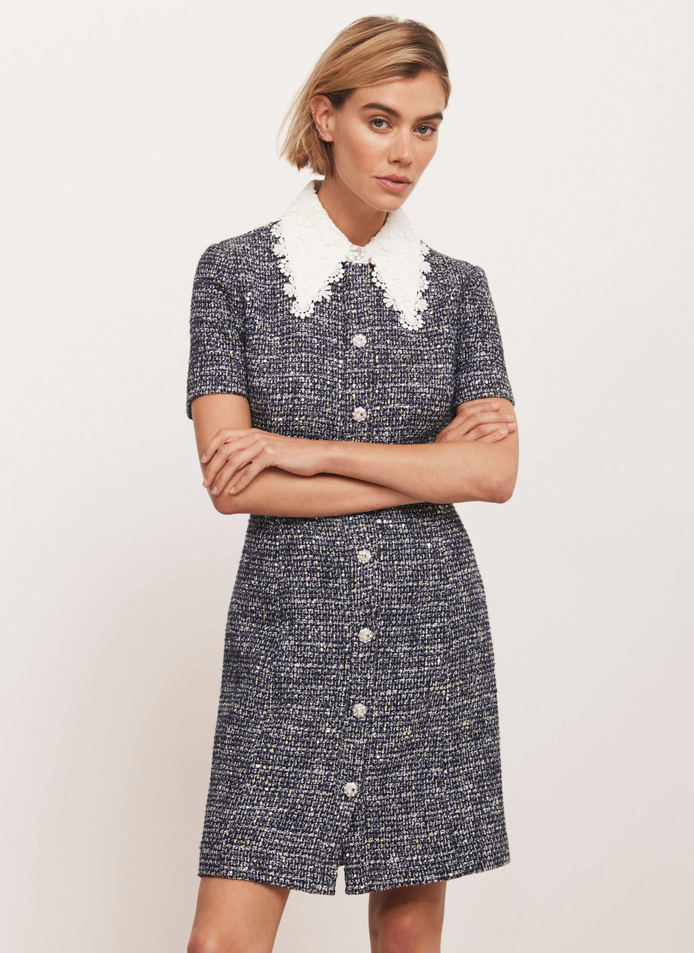 Navy Statement Collar Boucle Mini Dress