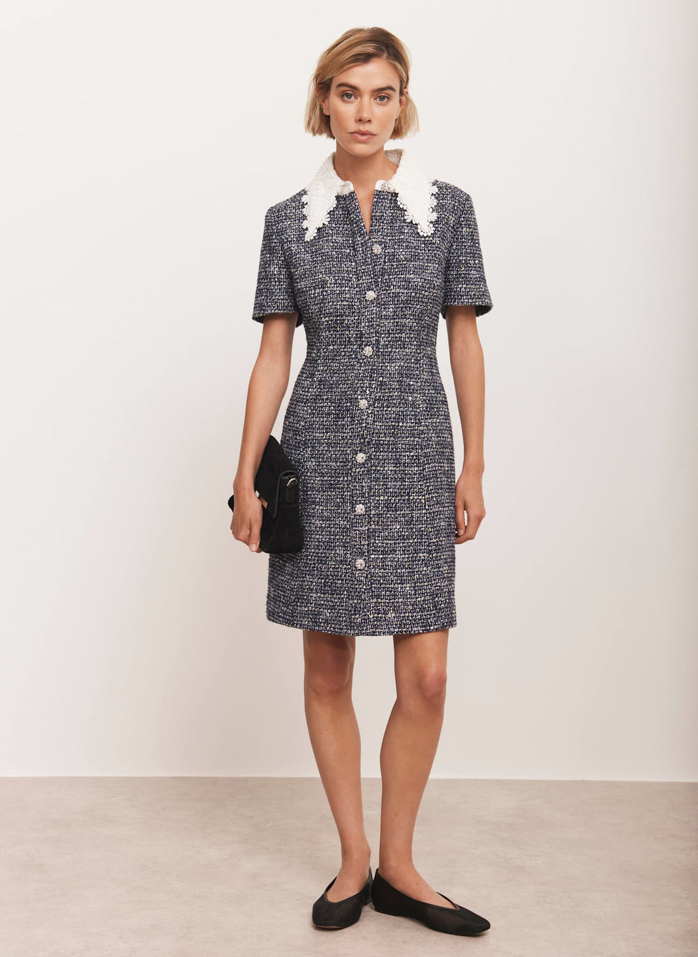 Navy Statement Collar Boucle Mini Dress