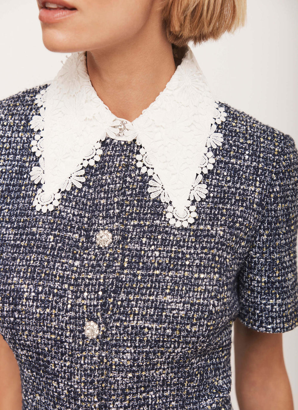 Navy Statement Collar Boucle Mini Dress