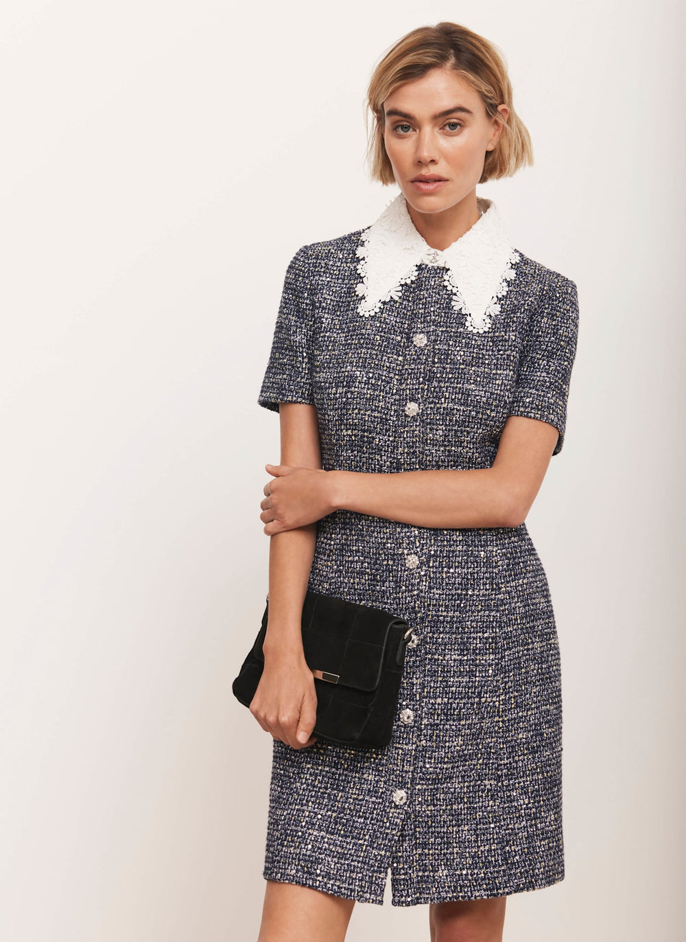 Navy Statement Collar Boucle Mini Dress – Mint Velvet