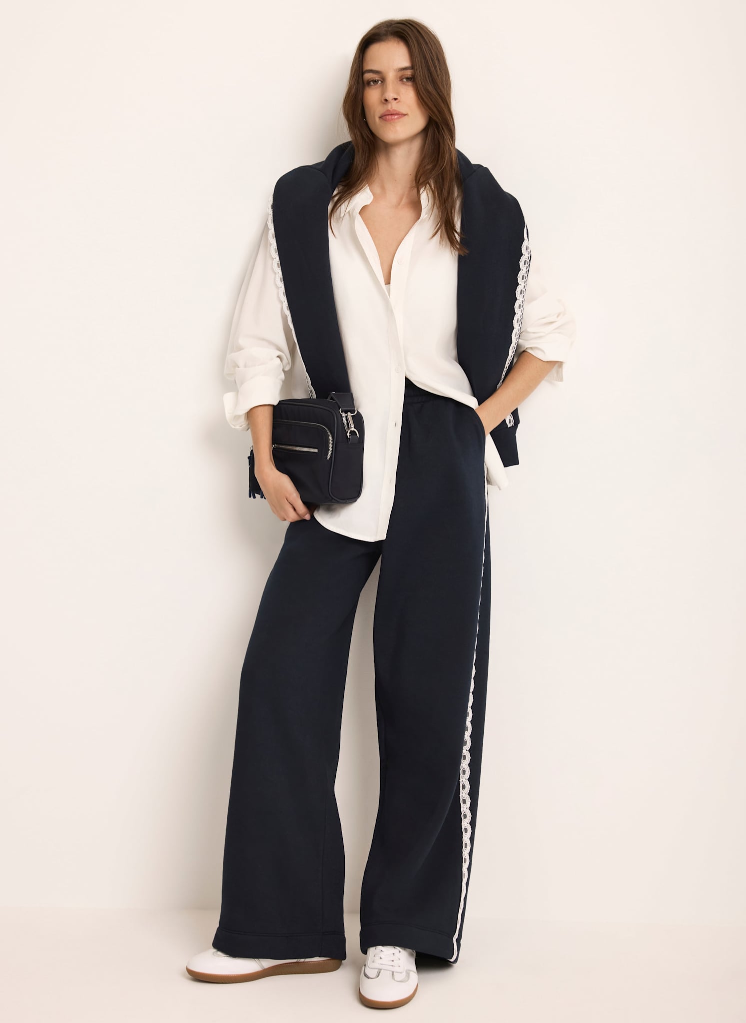 Navy Jersey Crochet Trim Wide Joggers – Mint Velvet