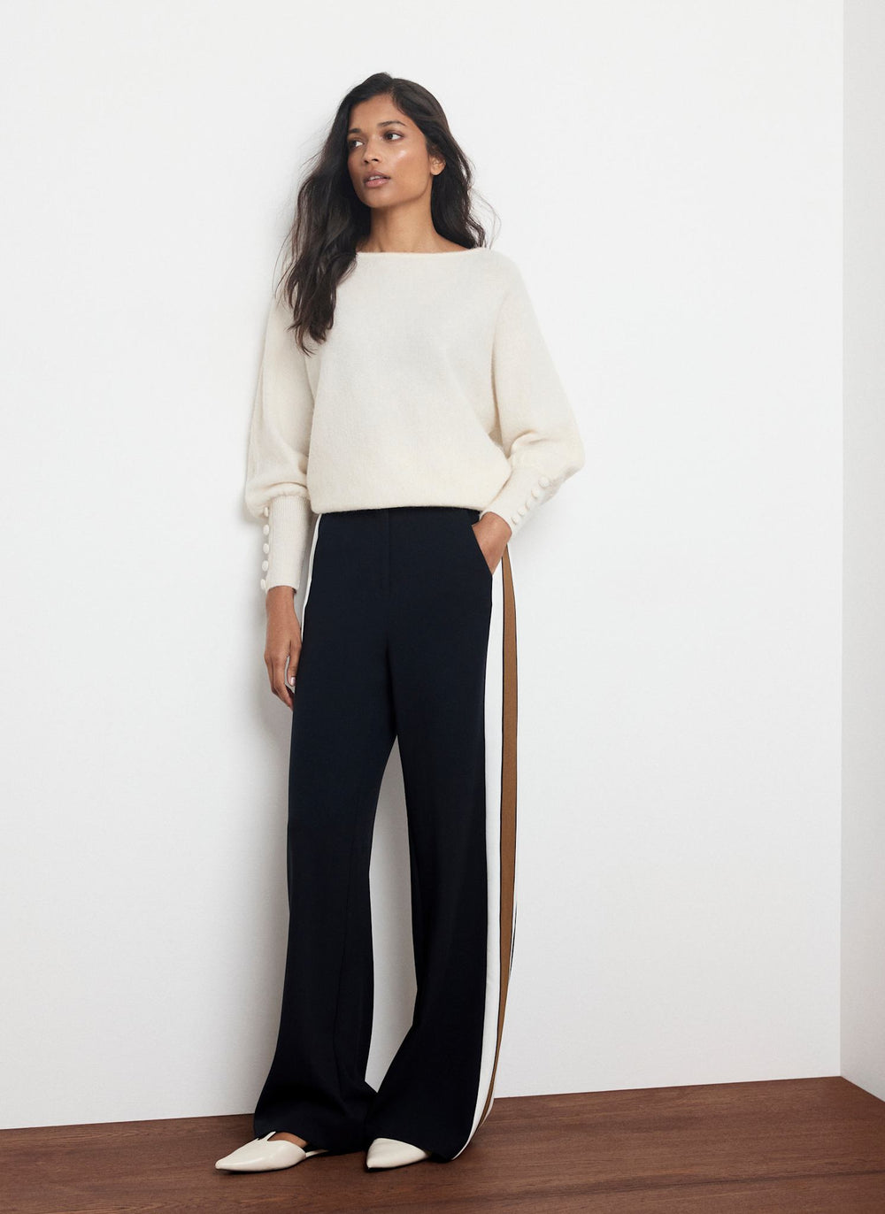 Navy Side Stripe Wide Leg Trousers