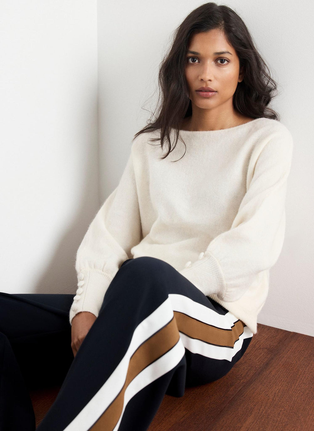 Navy Side Stripe Wide Leg Trousers