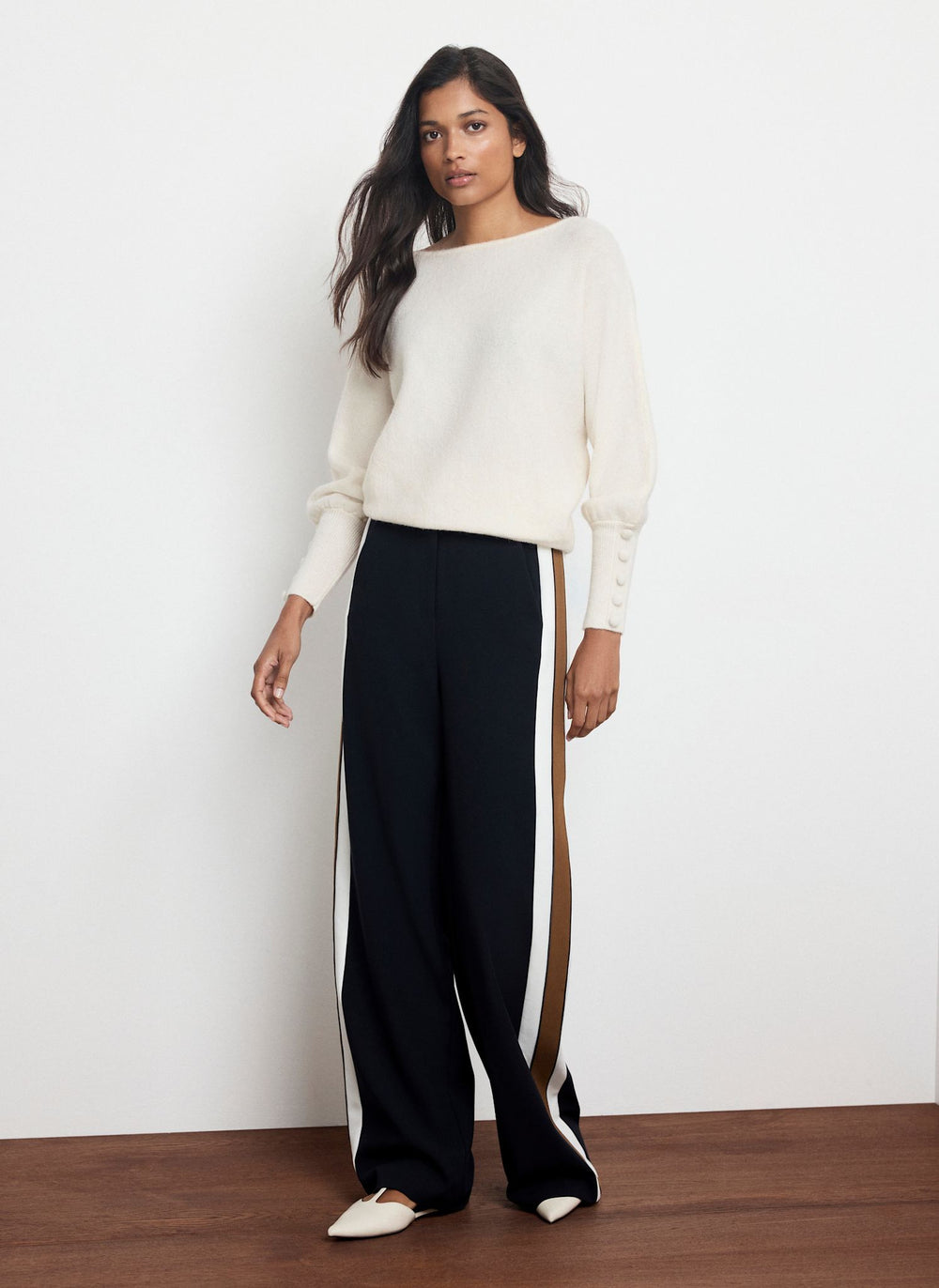 Navy Side Stripe Wide Leg Trousers