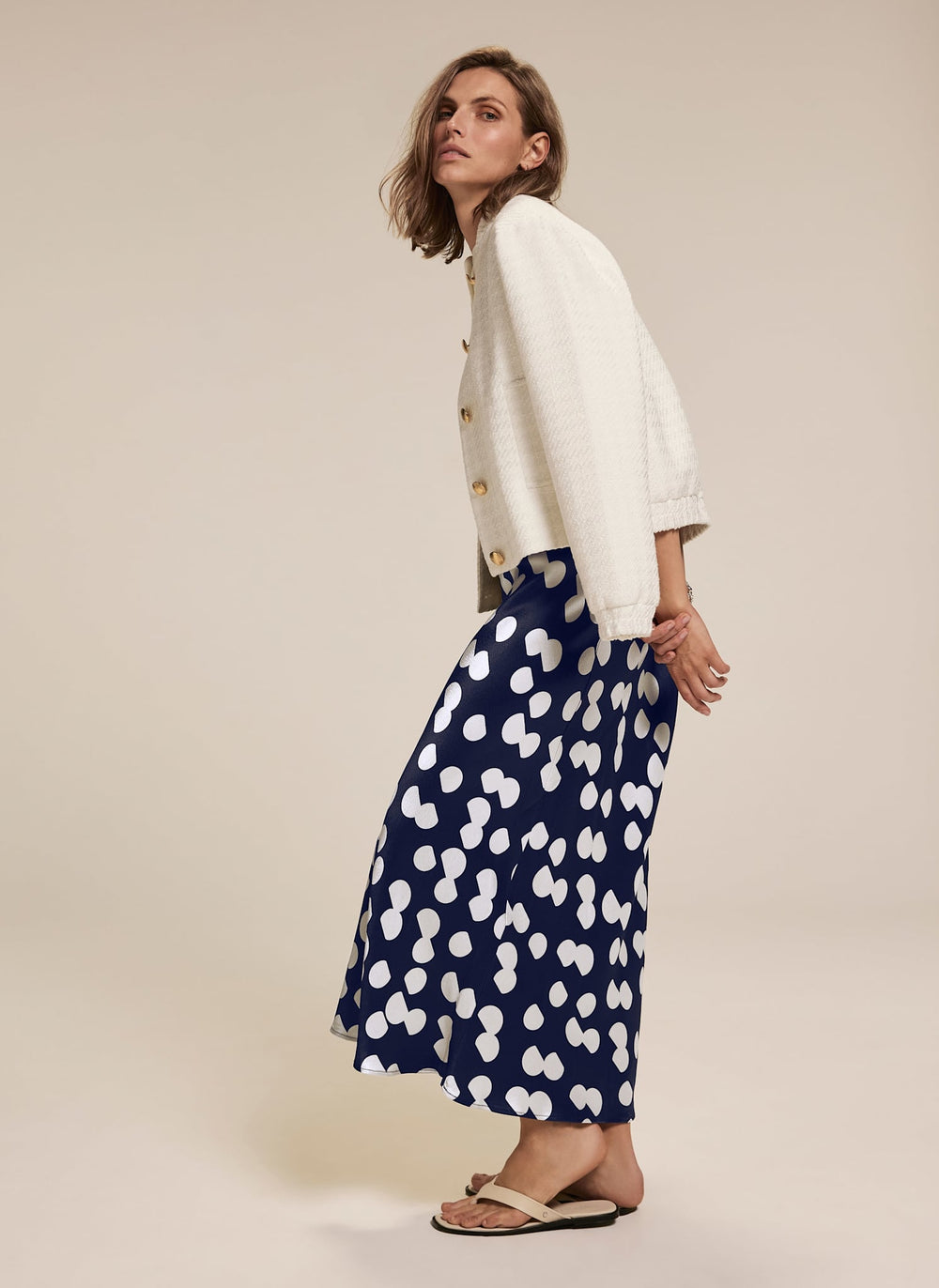 Navy Spot Print Satin Skirt