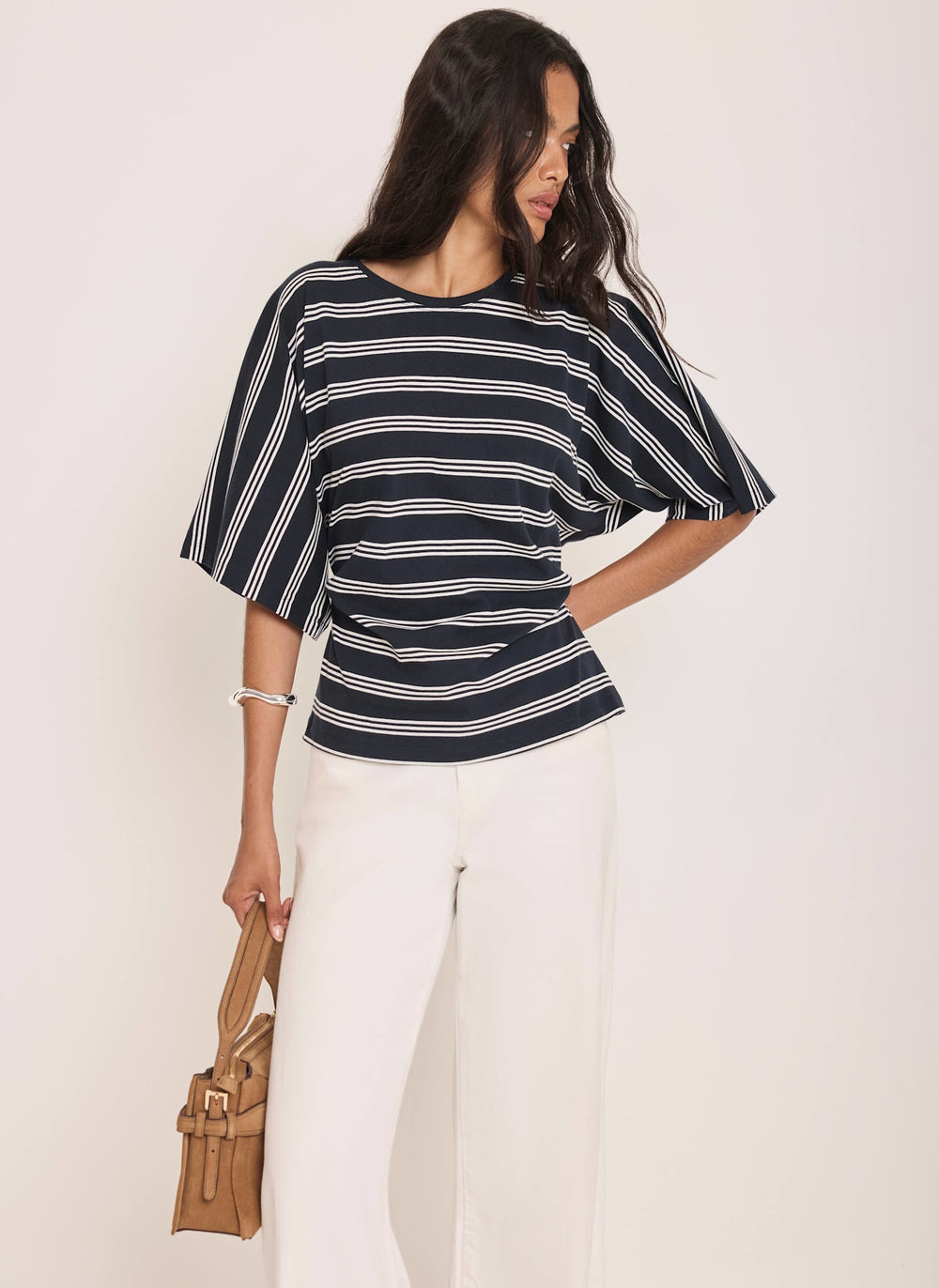 Navy Striped Cotton Ruched Waist T-Shirt