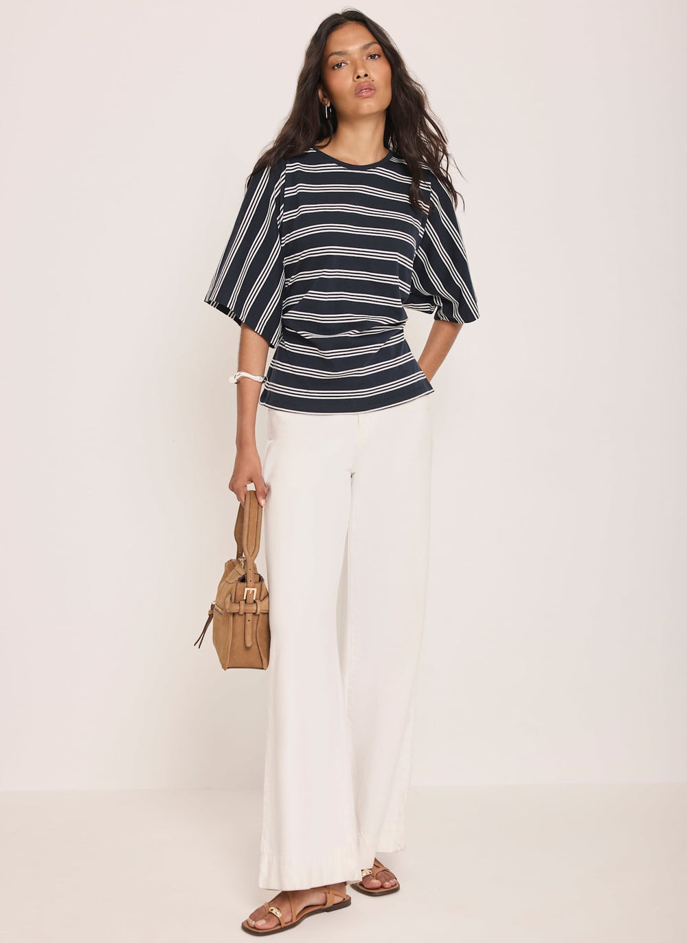 Navy Striped Cotton Ruched Waist T-Shirt