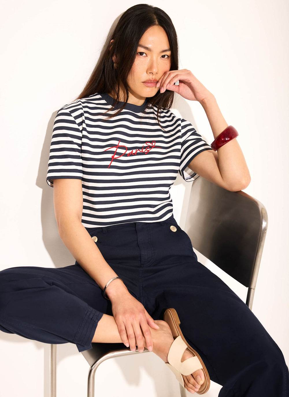 Navy Stripe Paris Graphic Cotton T-Shirt