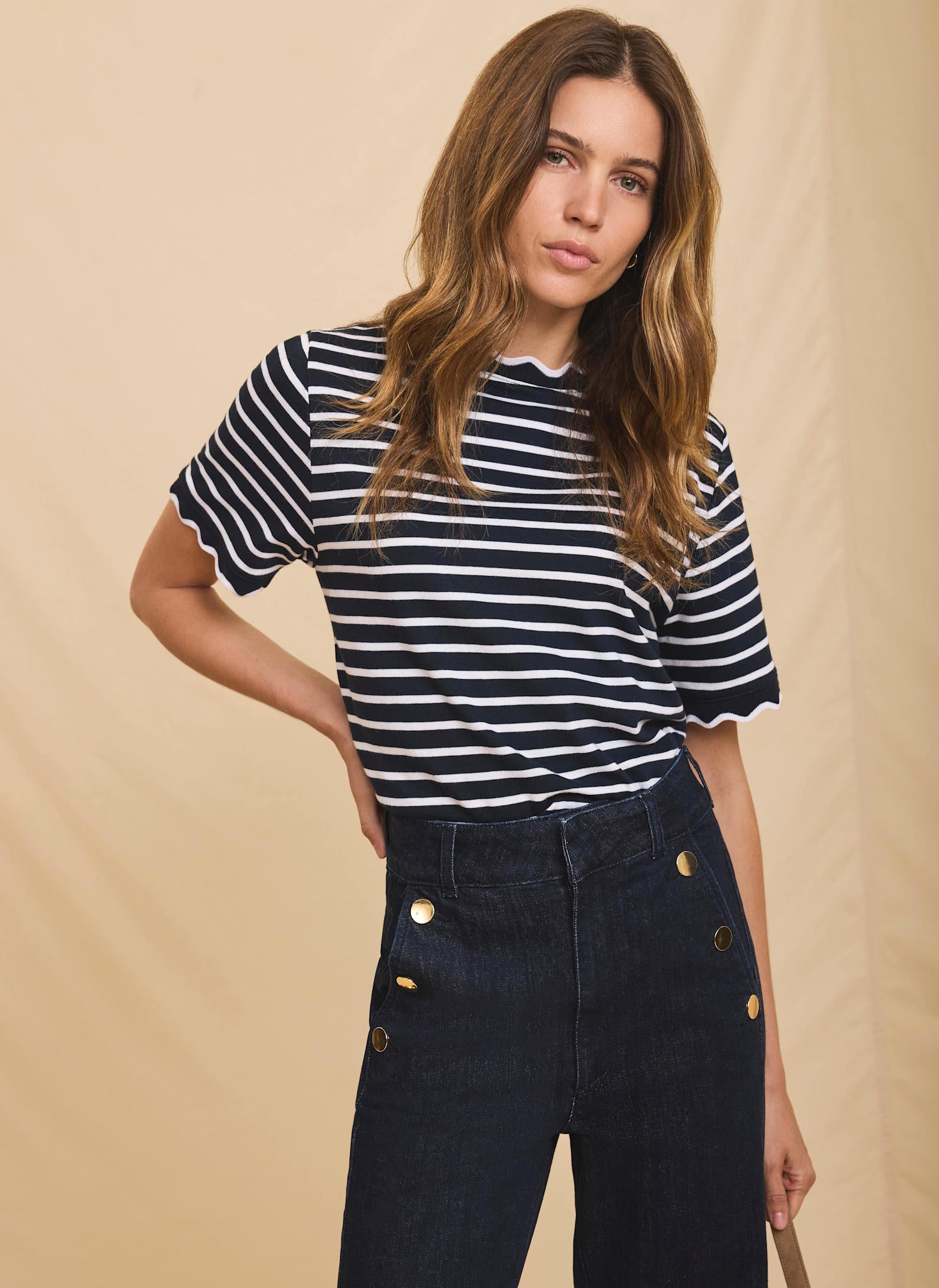 Cotton Striped Scallop T Shirt