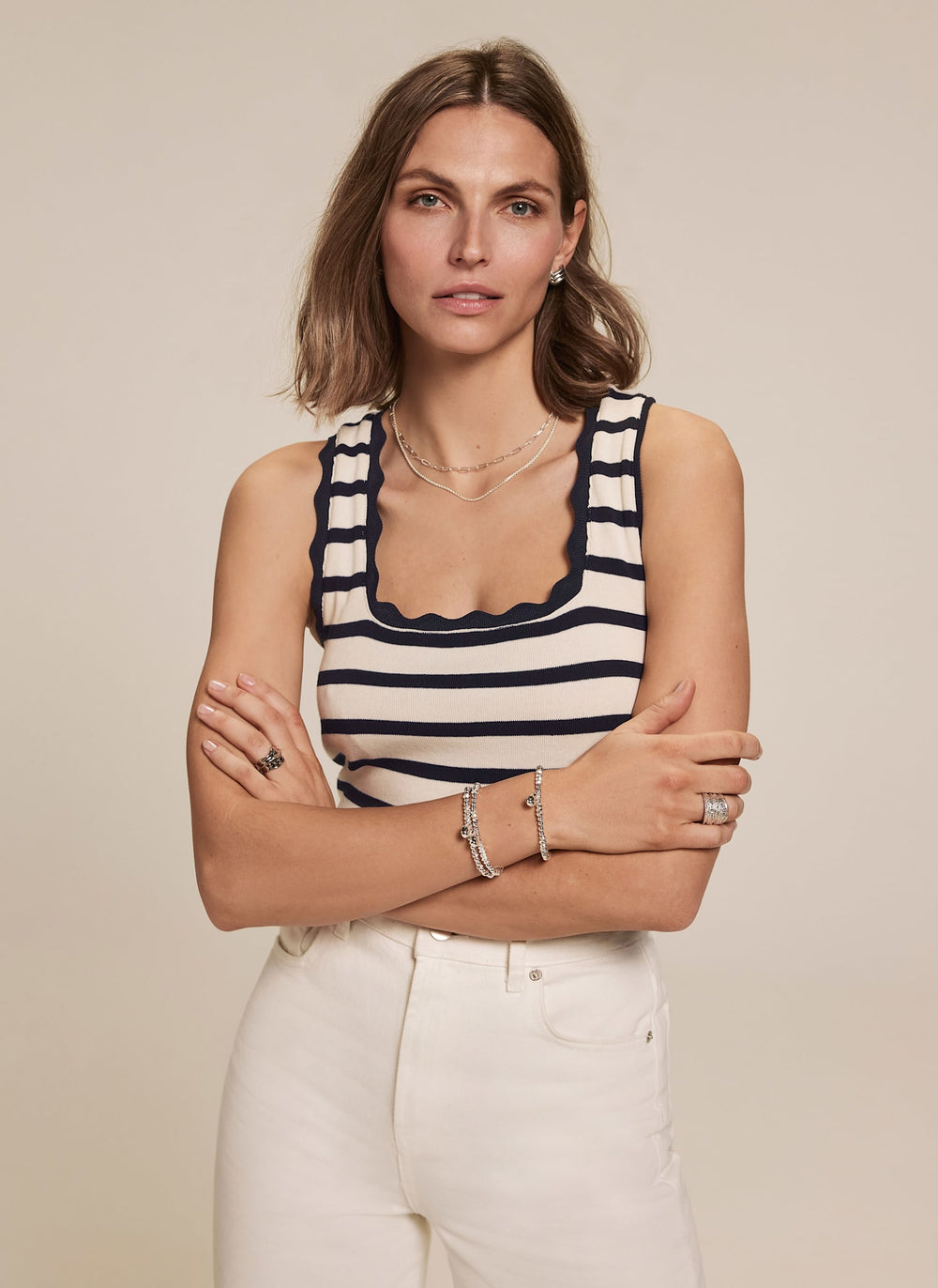 Navy Striped Scallop Trim Vest Top