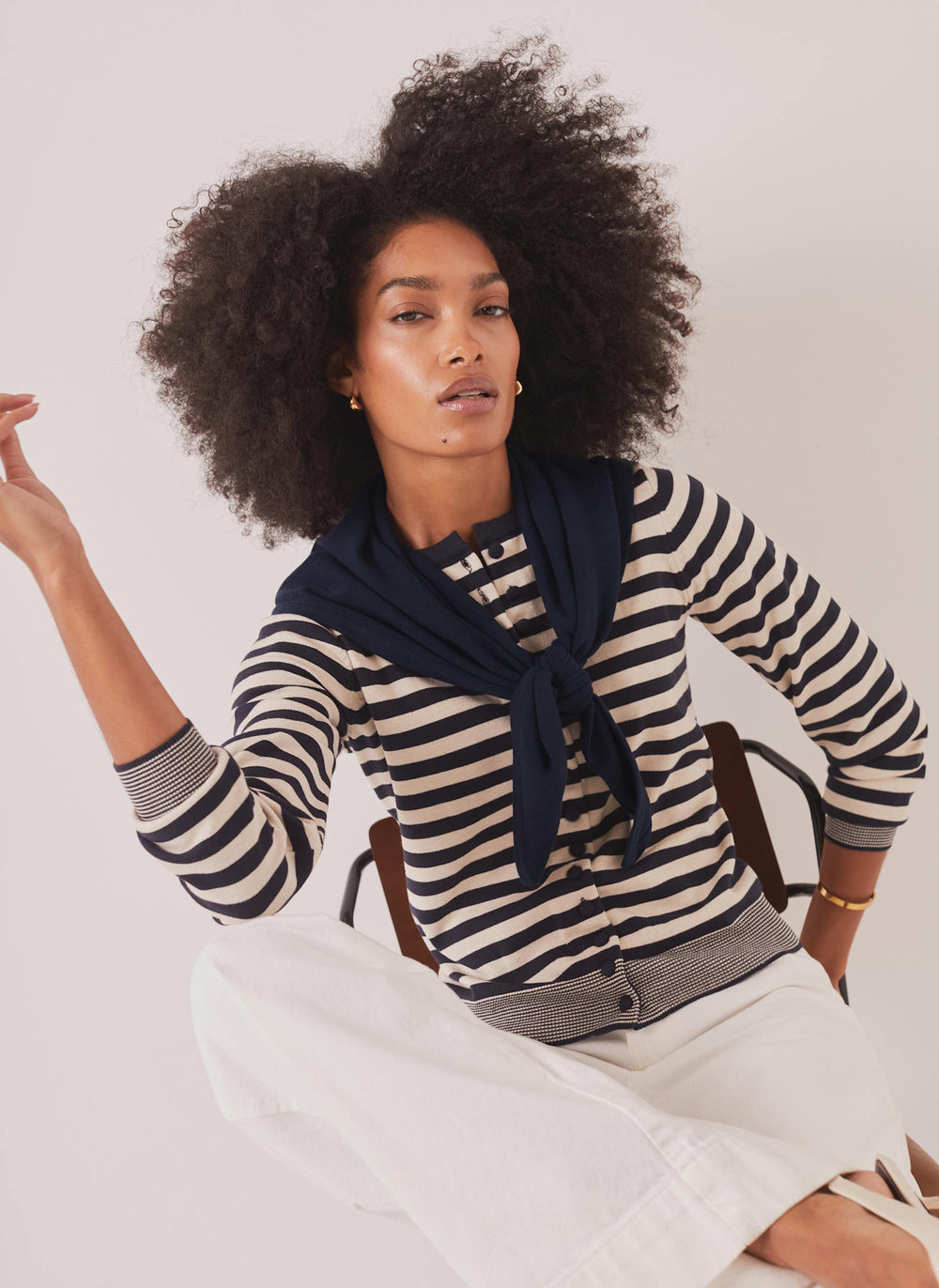 Navy Striped Scarf Detail Cardigan