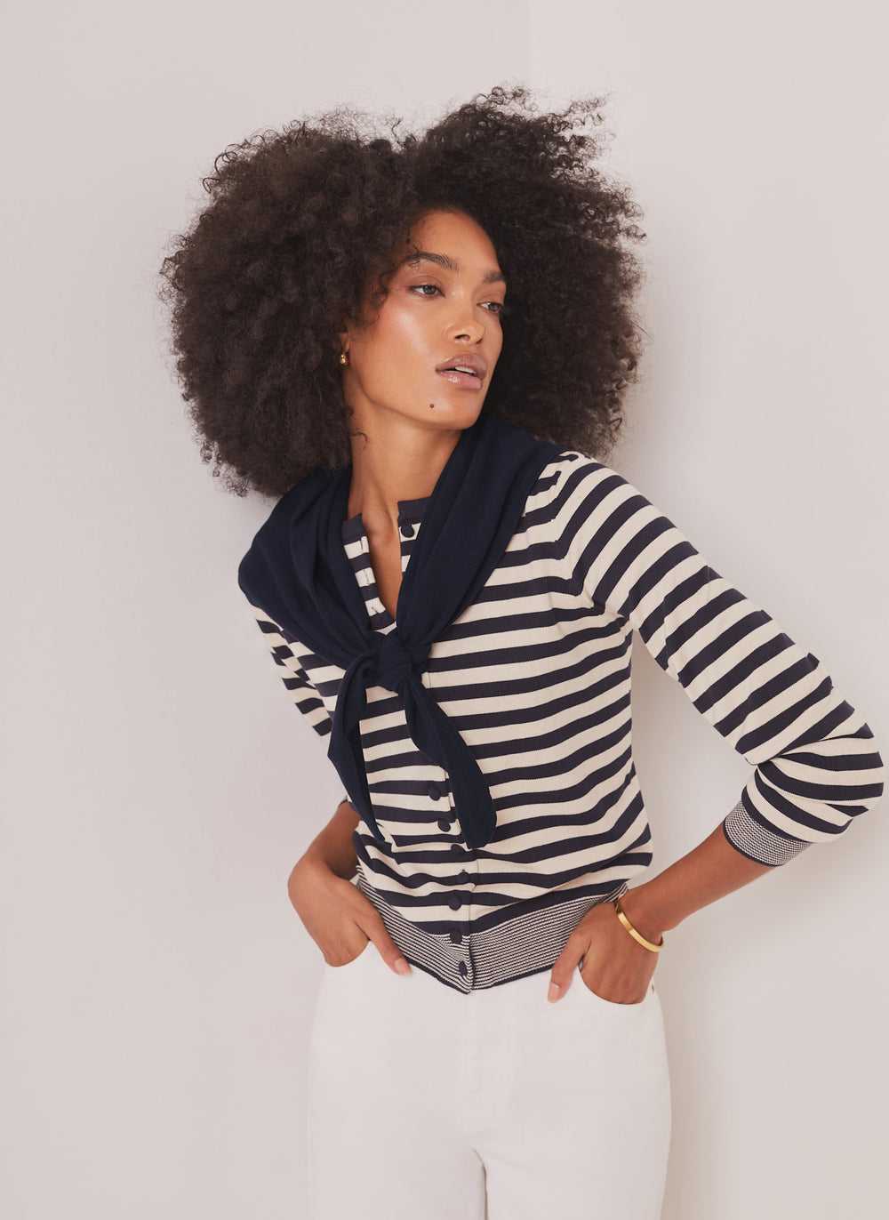 Navy Striped Scarf Detail Cardigan