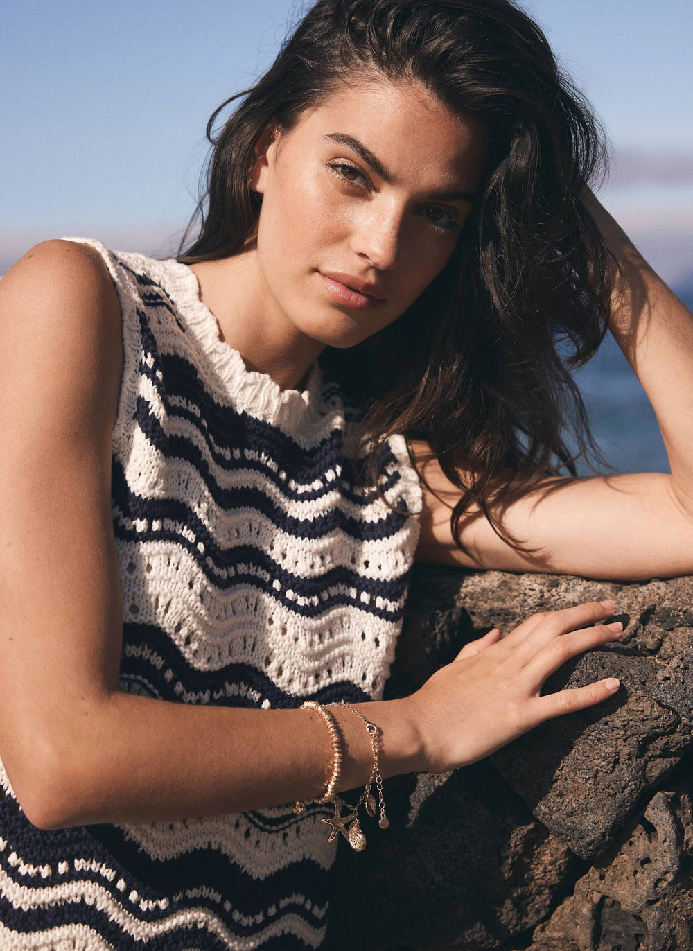 White Striped Knit Cotton Top