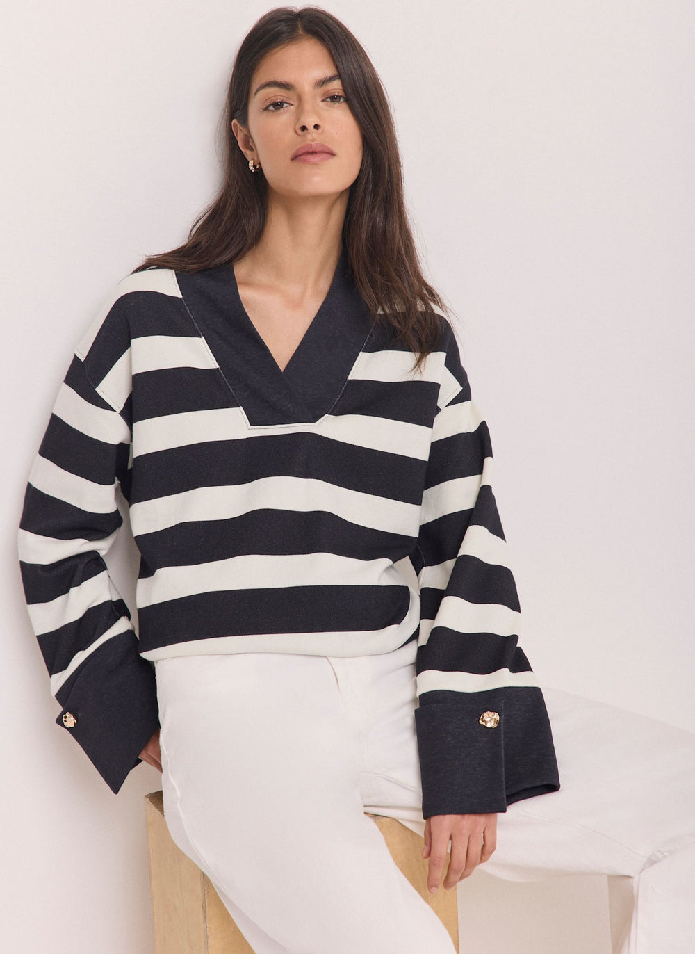 Navy Stripe Cotton V-Neck Button Detail Sweatshirt