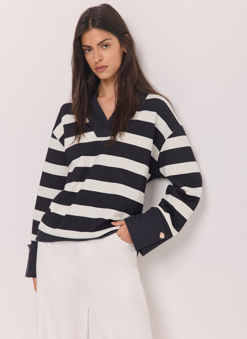 Navy Stripe Cotton V-Neck Button Detail Sweatshirt