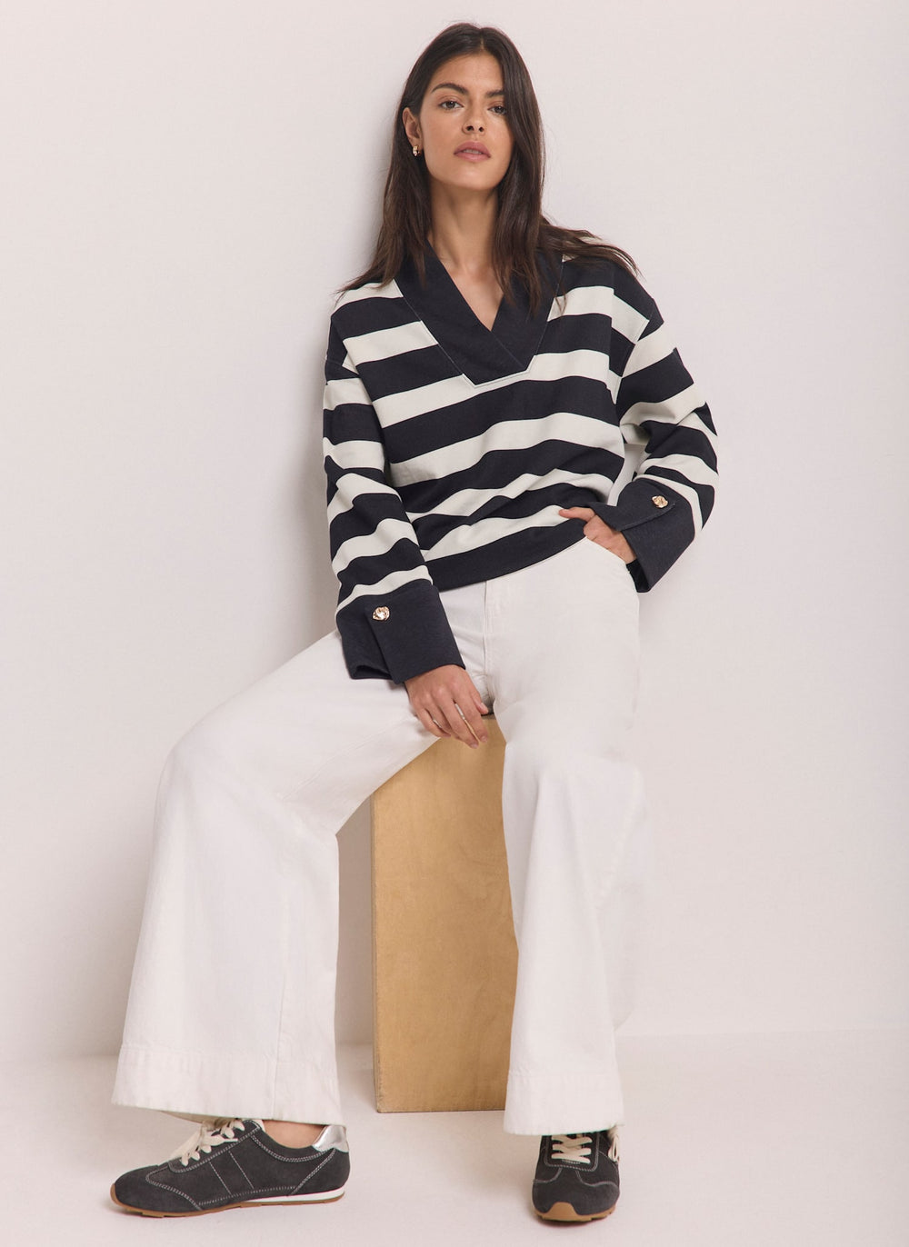 Navy Stripe Cotton V-Neck Button Detail Sweatshirt
