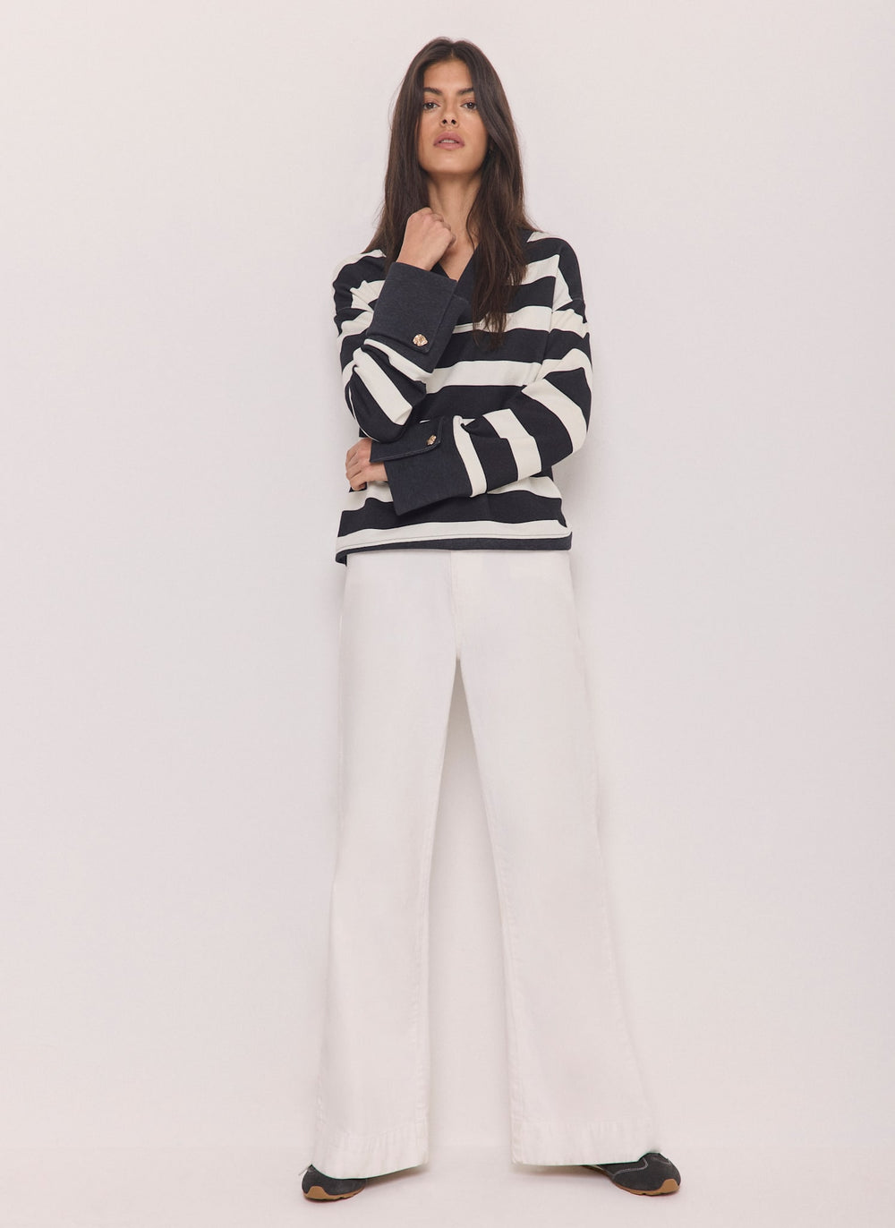 Navy Stripe Cotton V-Neck Button Detail Sweatshirt