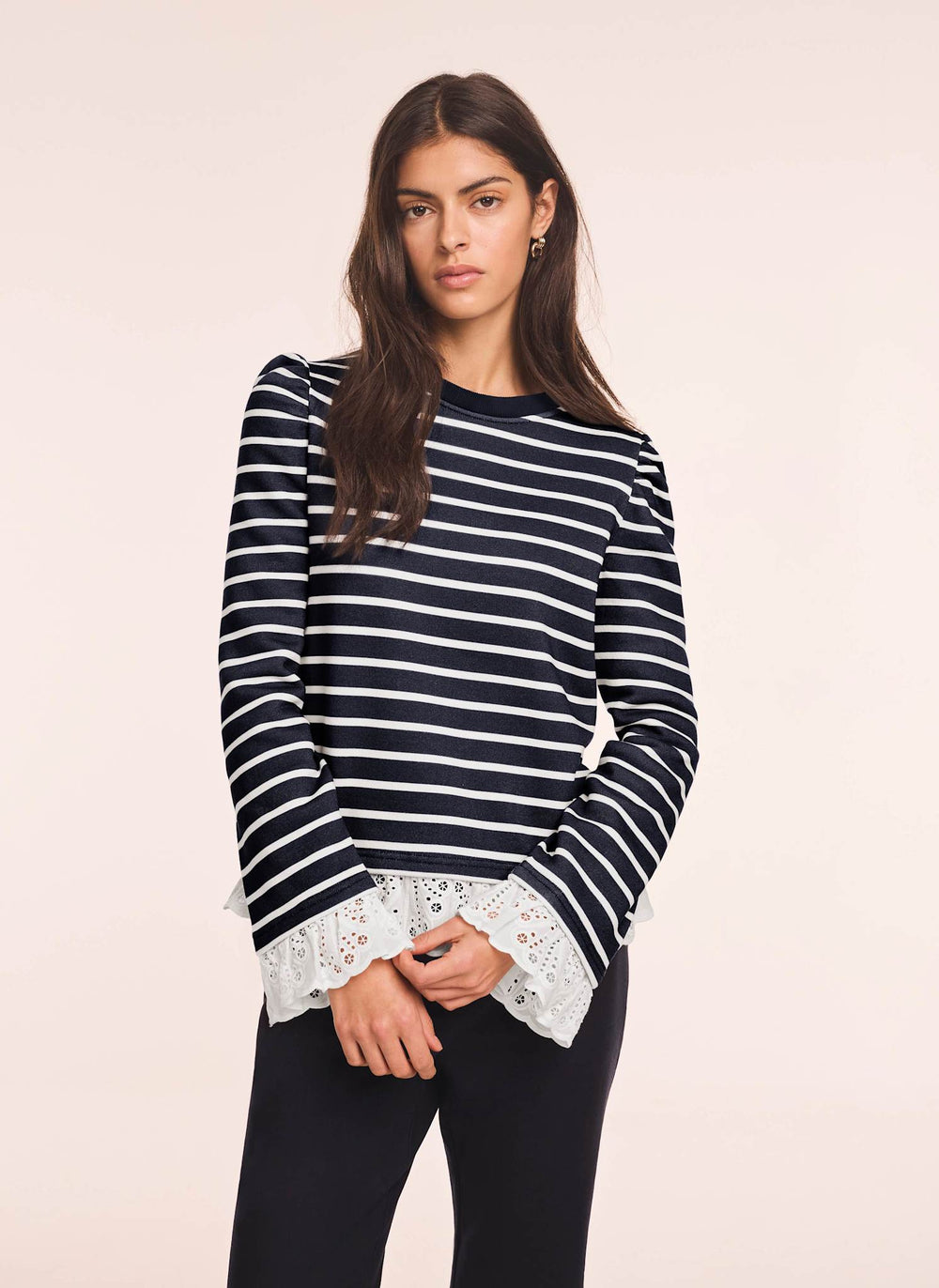 Navy Stripe Broderie Trim Sweatshirt