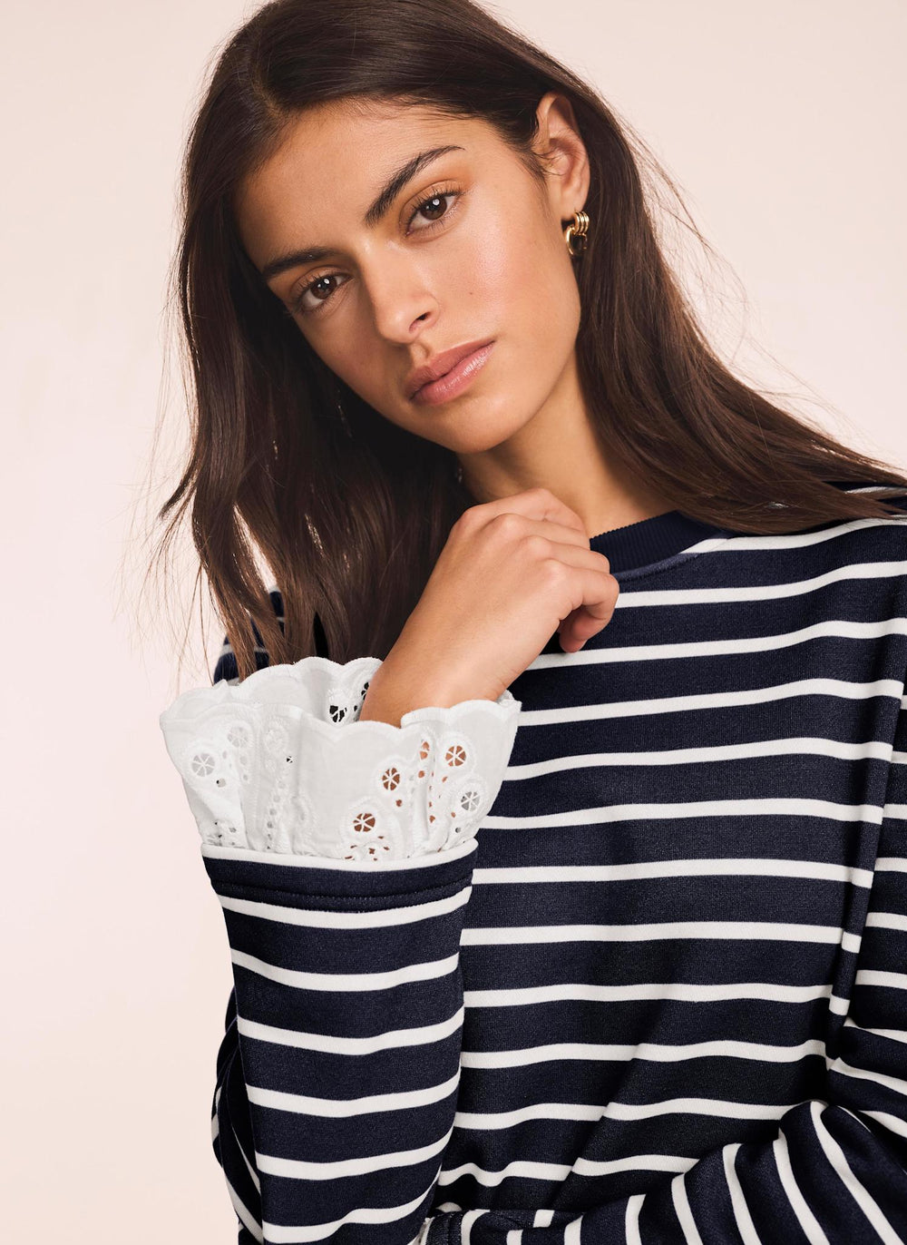 Navy Stripe Broderie Trim Sweatshirt