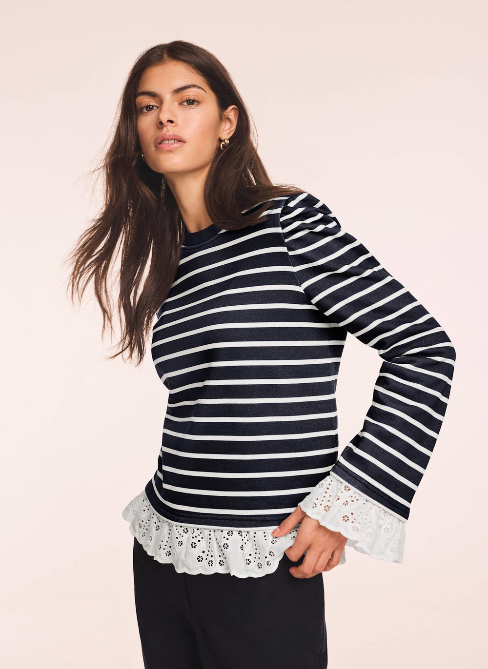 Navy Stripe Broderie Trim Sweatshirt