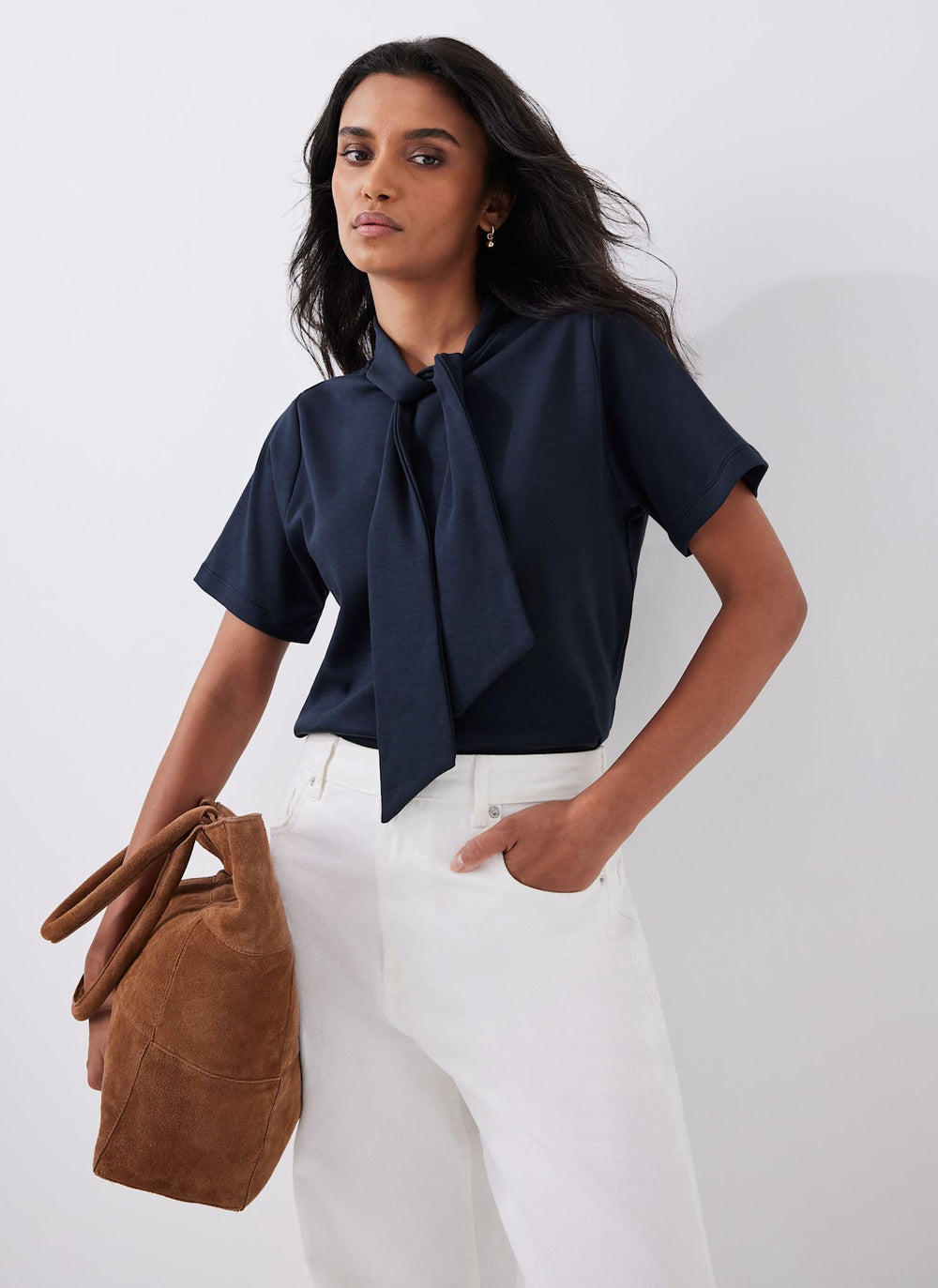 Navy Cotton Tie Neck Top