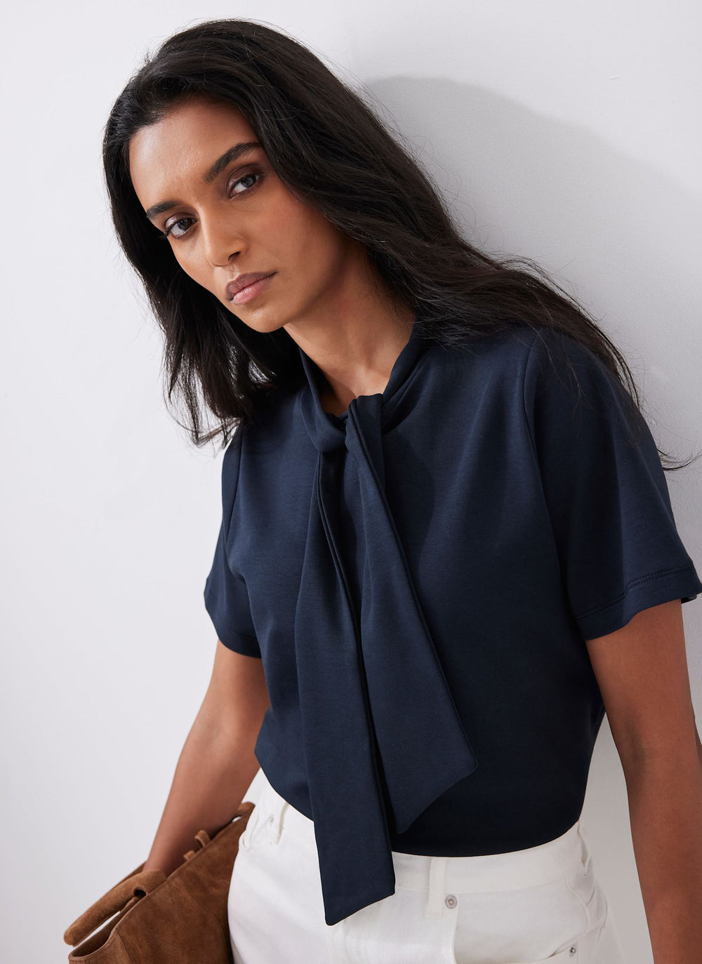 Navy Cotton Tie Neck Top
