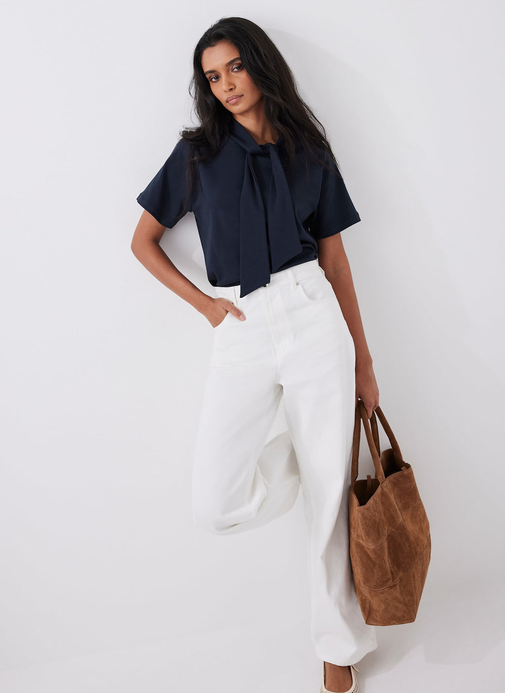 Navy Cotton Tie Neck Top