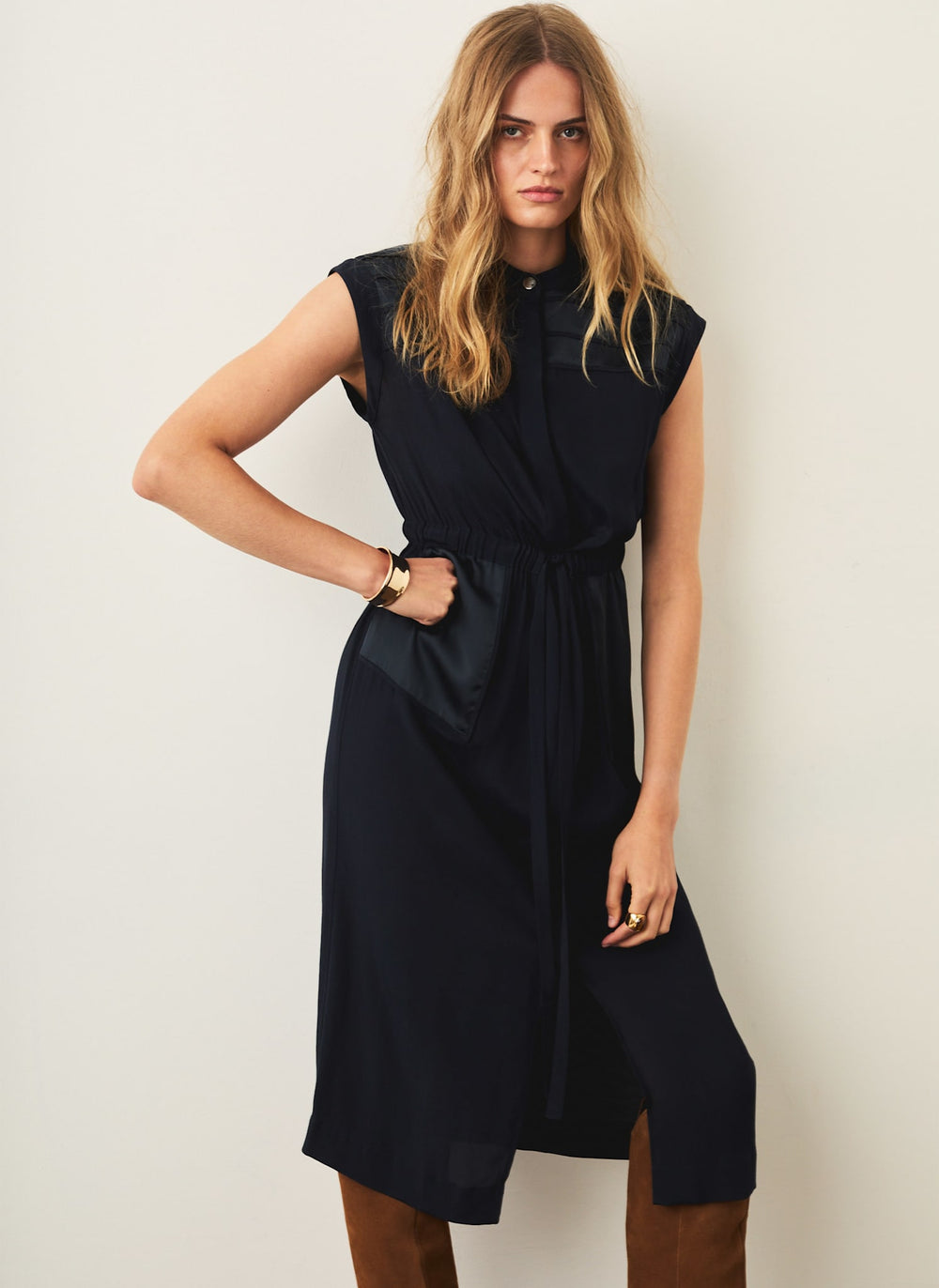 Navy Satin Utility Midi Dress