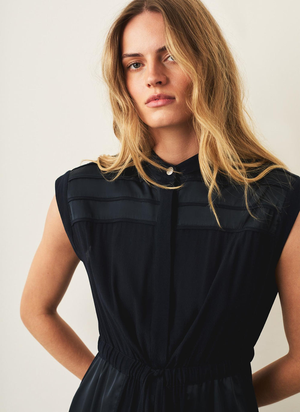 Navy Satin Utility Midi Dress