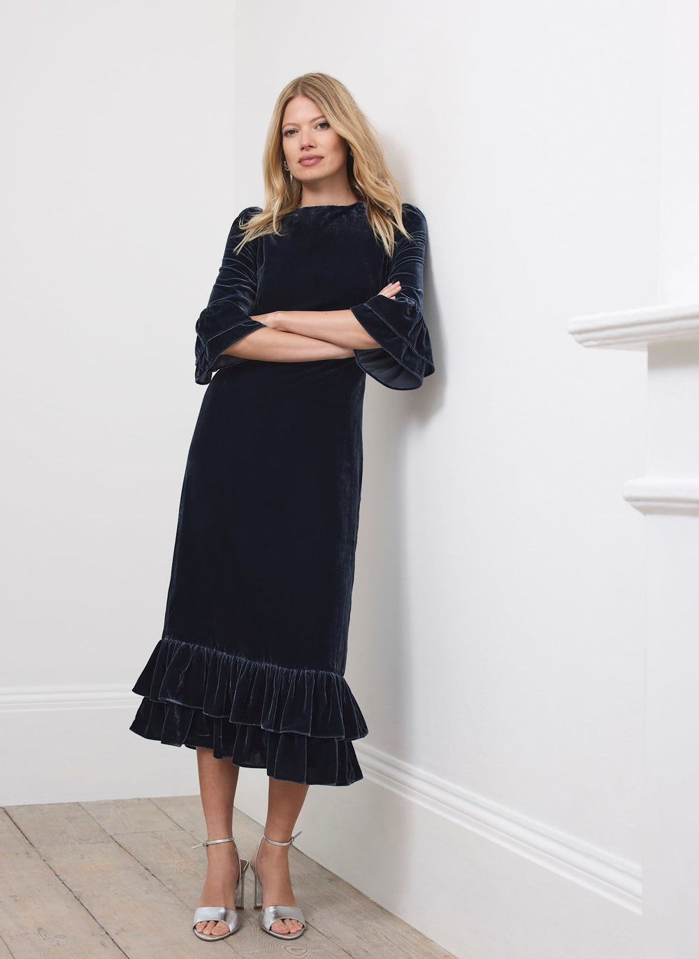 Navy Velvet Ruffle Midi Dress