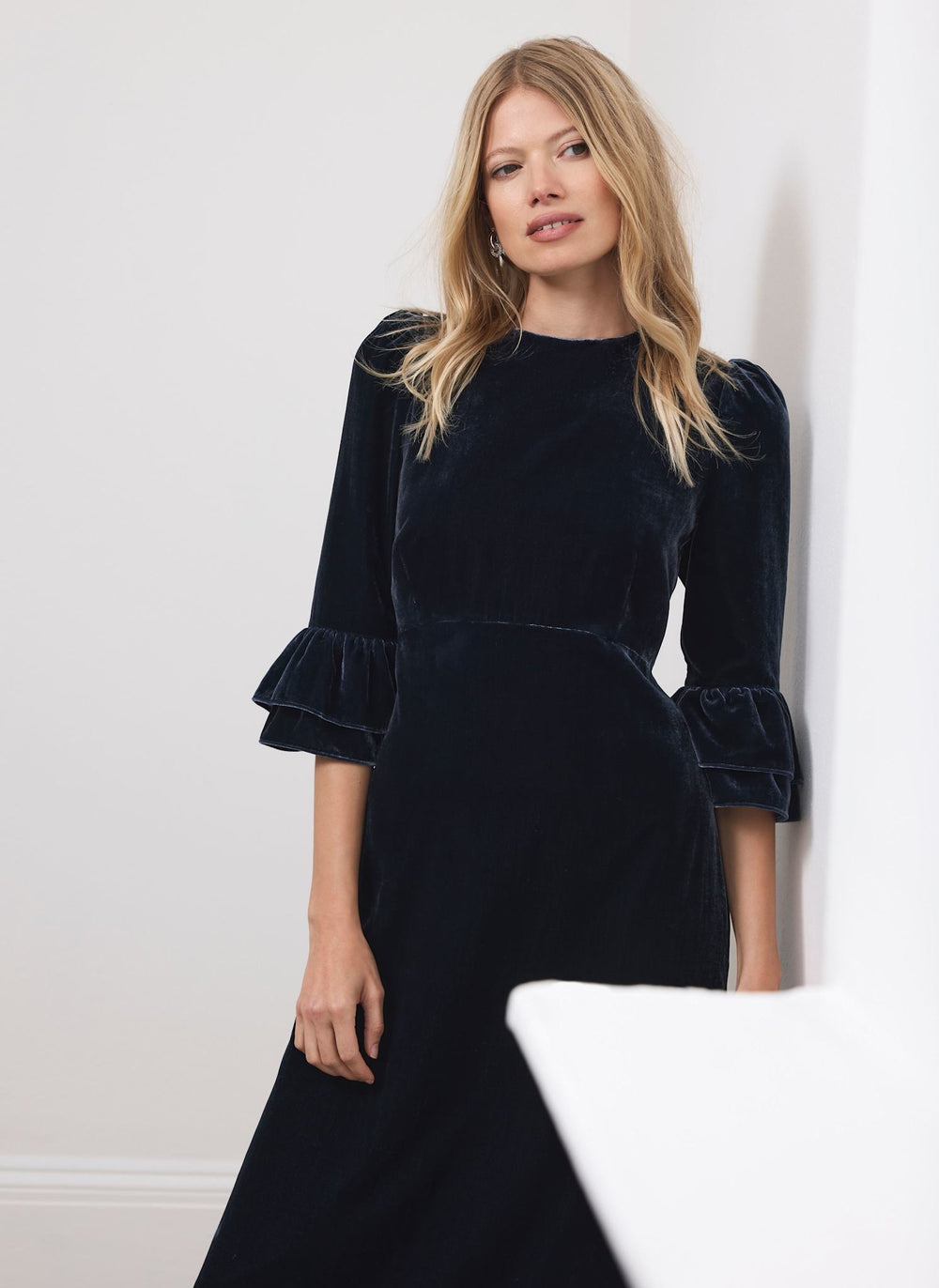 Navy Velvet Ruffle Midi Dress