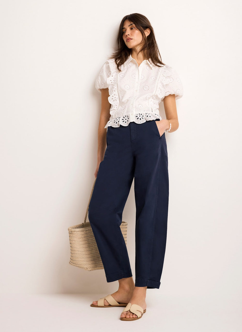 Navy Washed Barrel Leg Chino Trousers