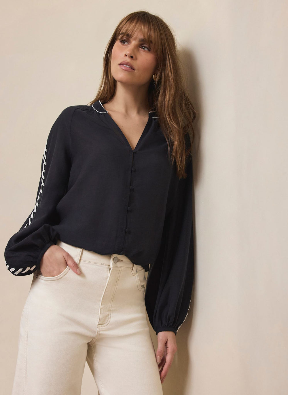 Navy Whipstitch Detail Blouse