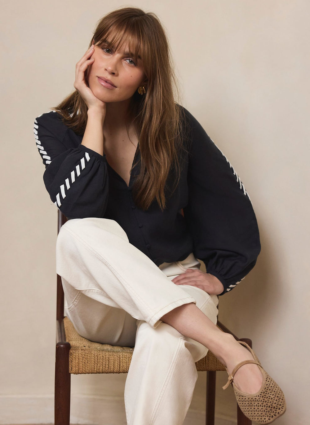 Navy Whipstitch Detail Blouse