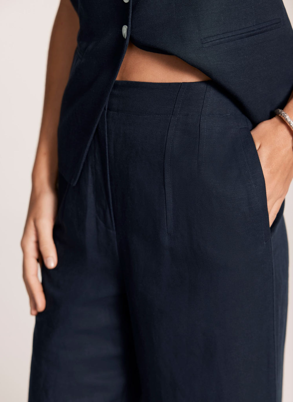 Navy Wide Leg Linen Blend Trousers