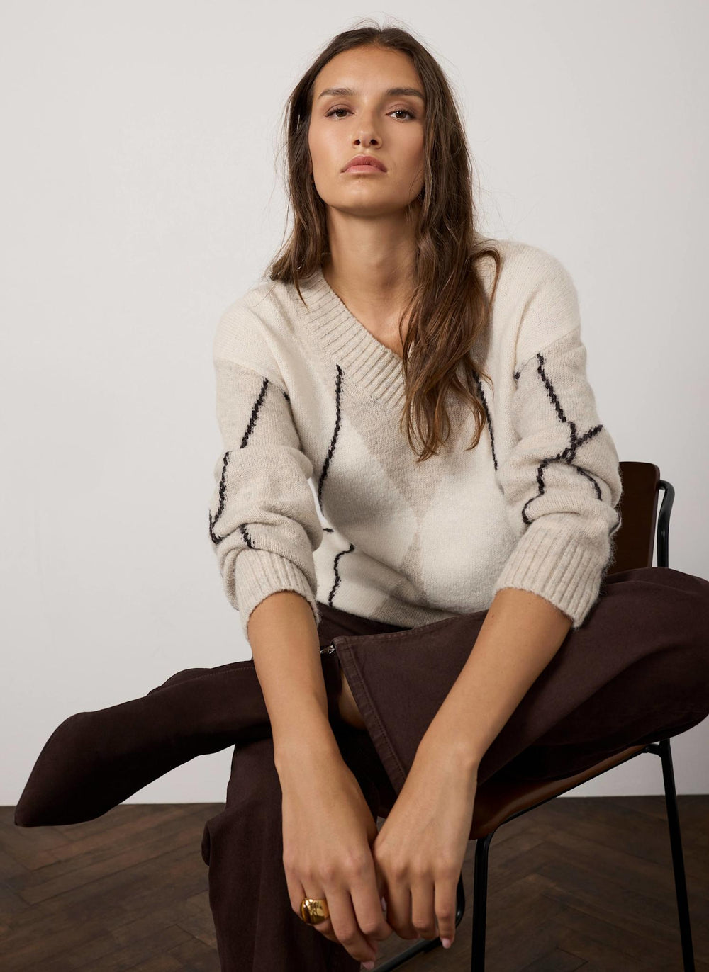 Neutral Argyle Wool Blend Jumper