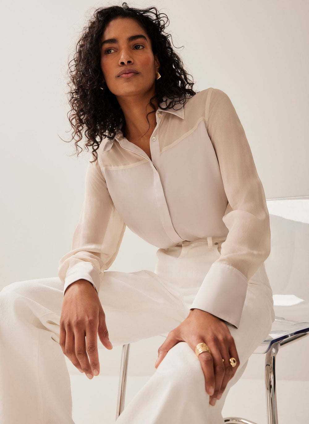 Neutral Satin Long Sleeve Shirt