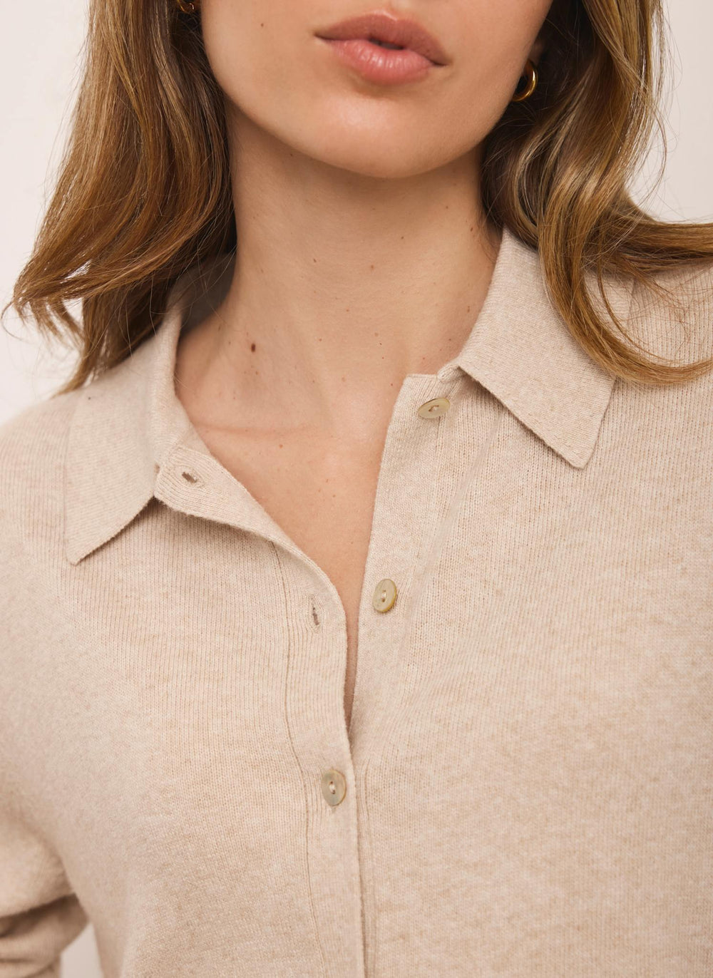 Neutral Cotton Blend Button Collar Cardigan