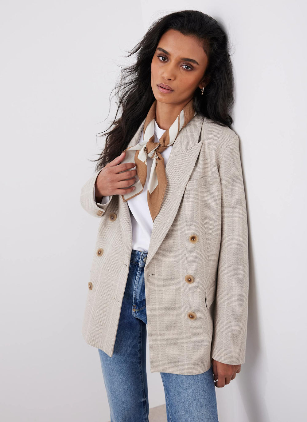 Neutral Checked Double Breasted Blazer
