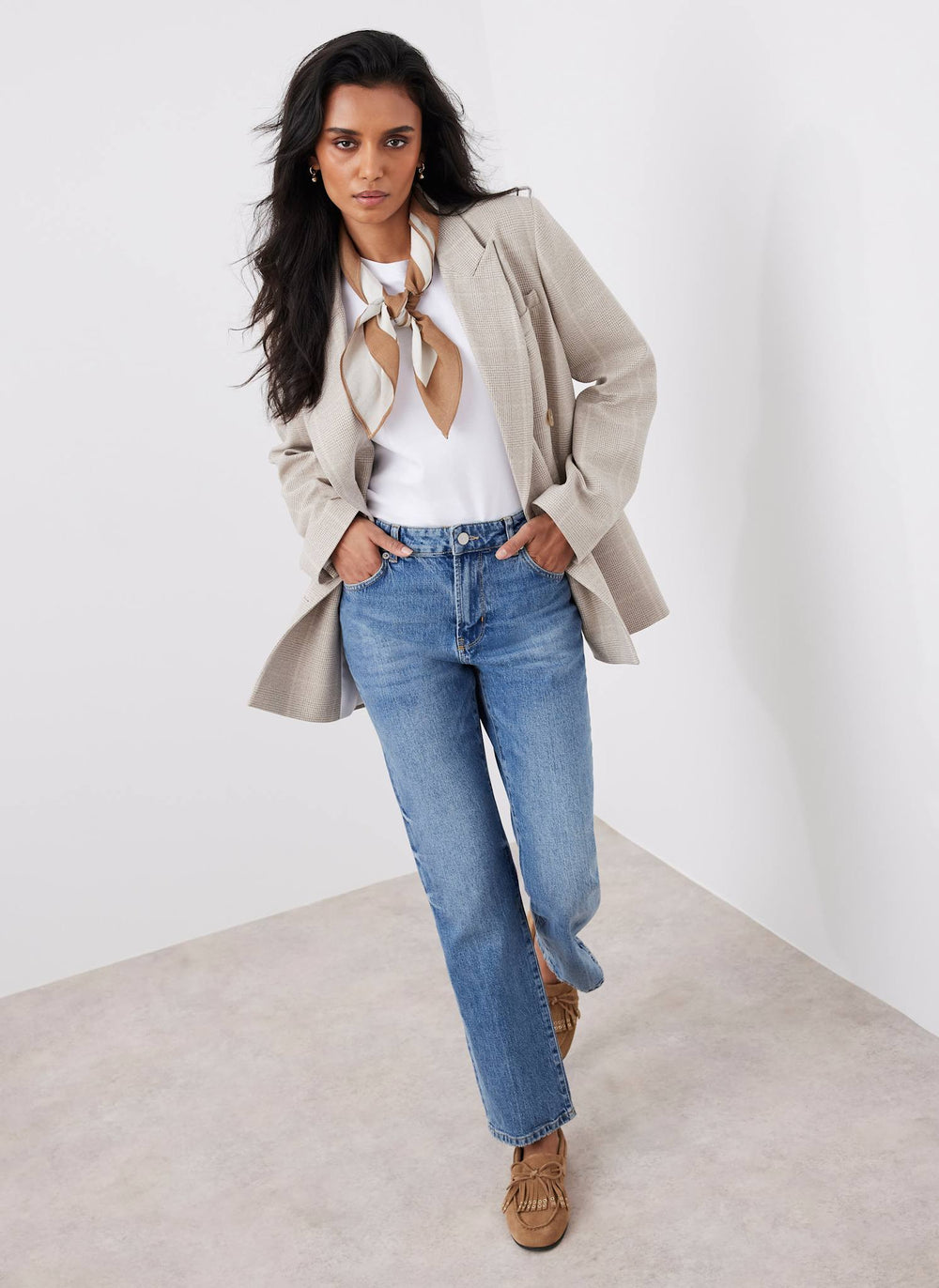 Neutral Checked Double Breasted Blazer