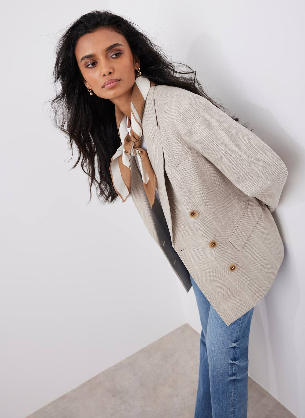 Neutral Checked Double Breasted Blazer