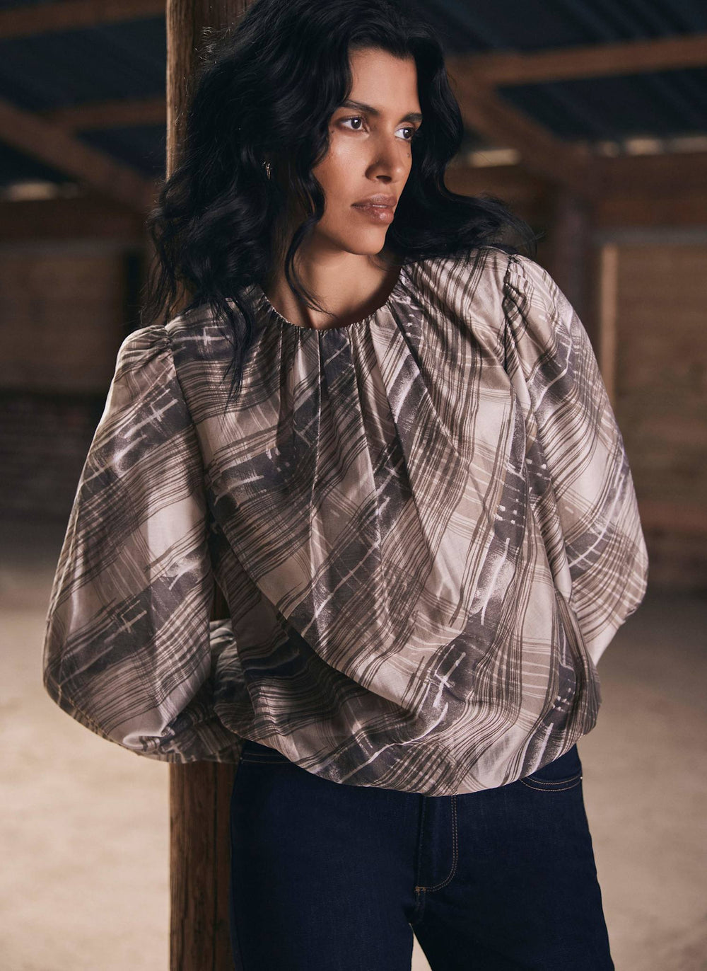 Brown Check Print Blouse