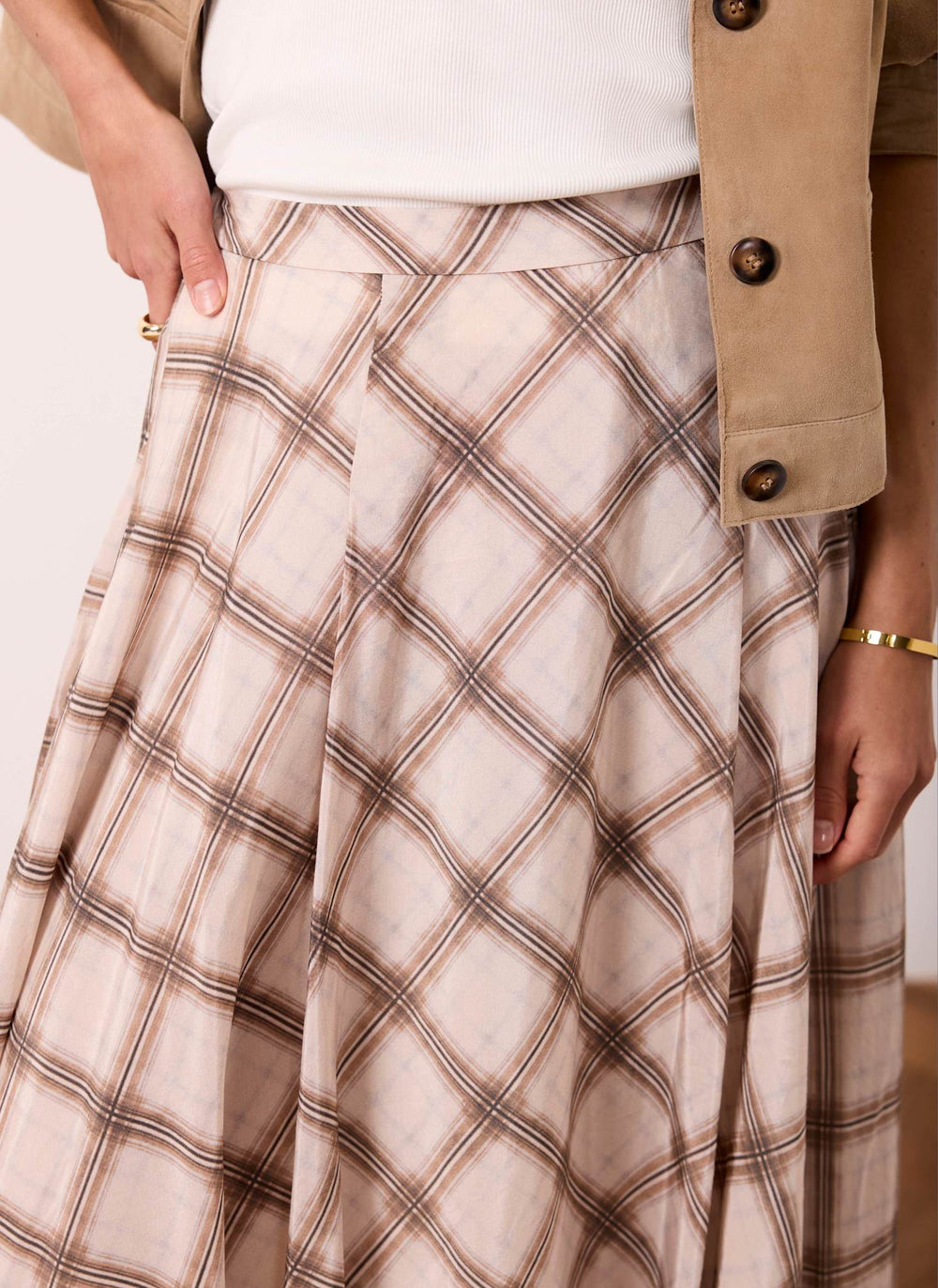 Neutral Checked Print Midi Skirt