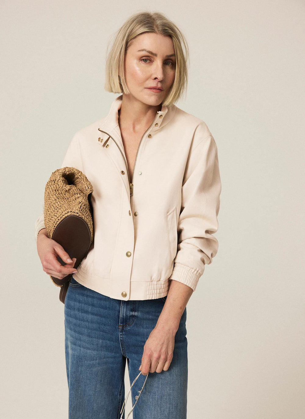 Neutral Funnel Neck Bomber Jacket